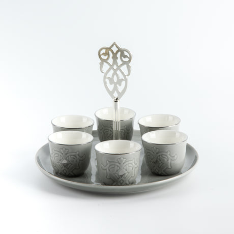 Naqsh - Arabic Coffee Cups With Holder - Grey & Silver