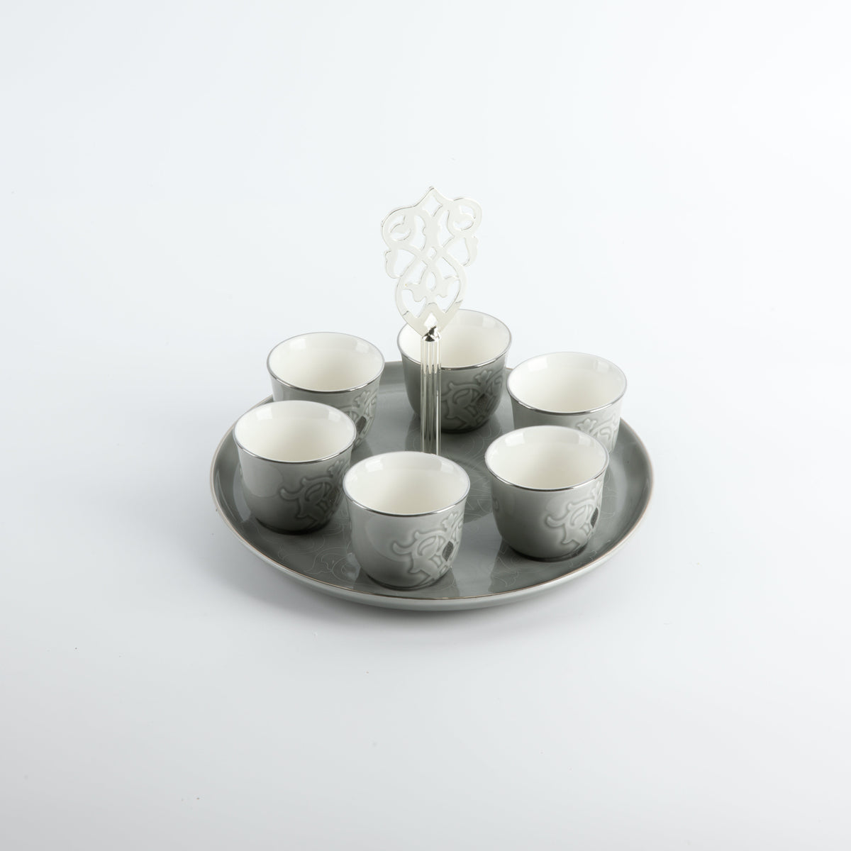 Naqsh - Arabic Coffee Cups With Holder - Grey & Silver