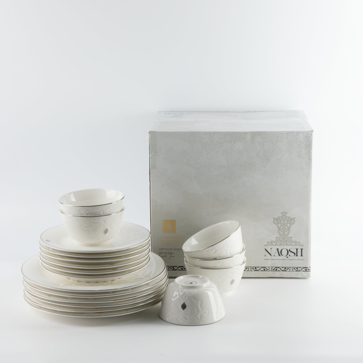 Naqsh - Dinner Set (18-Pc) - White & Silver