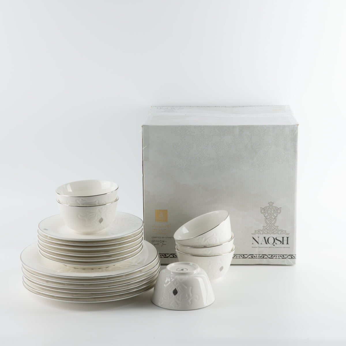 Naqsh - Dinner Set (18-Pc) - White & Silver