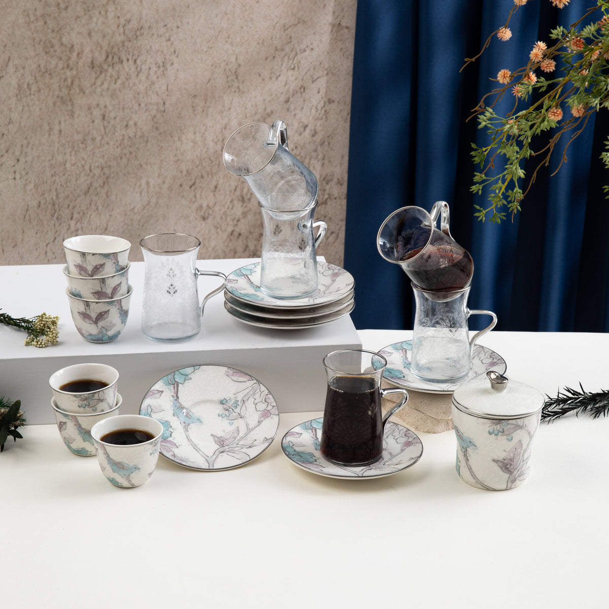 Khuzama - Tea Set (19-Pc) - Blue & Silver