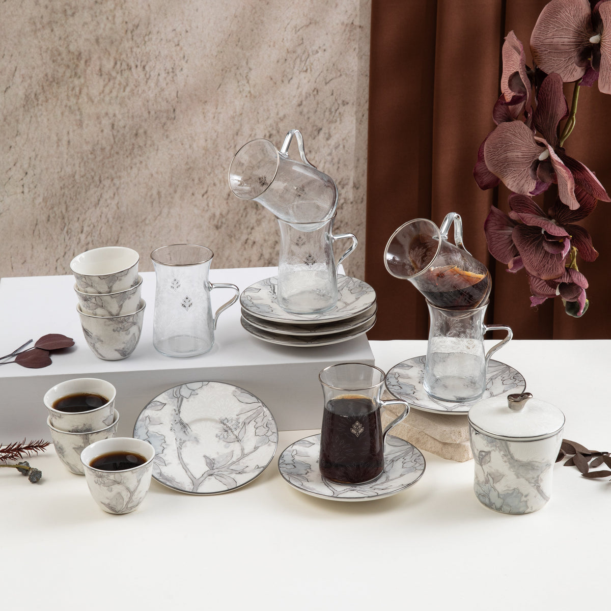 Khuzama - Tea Set (19-Pc) - Grey & Silver