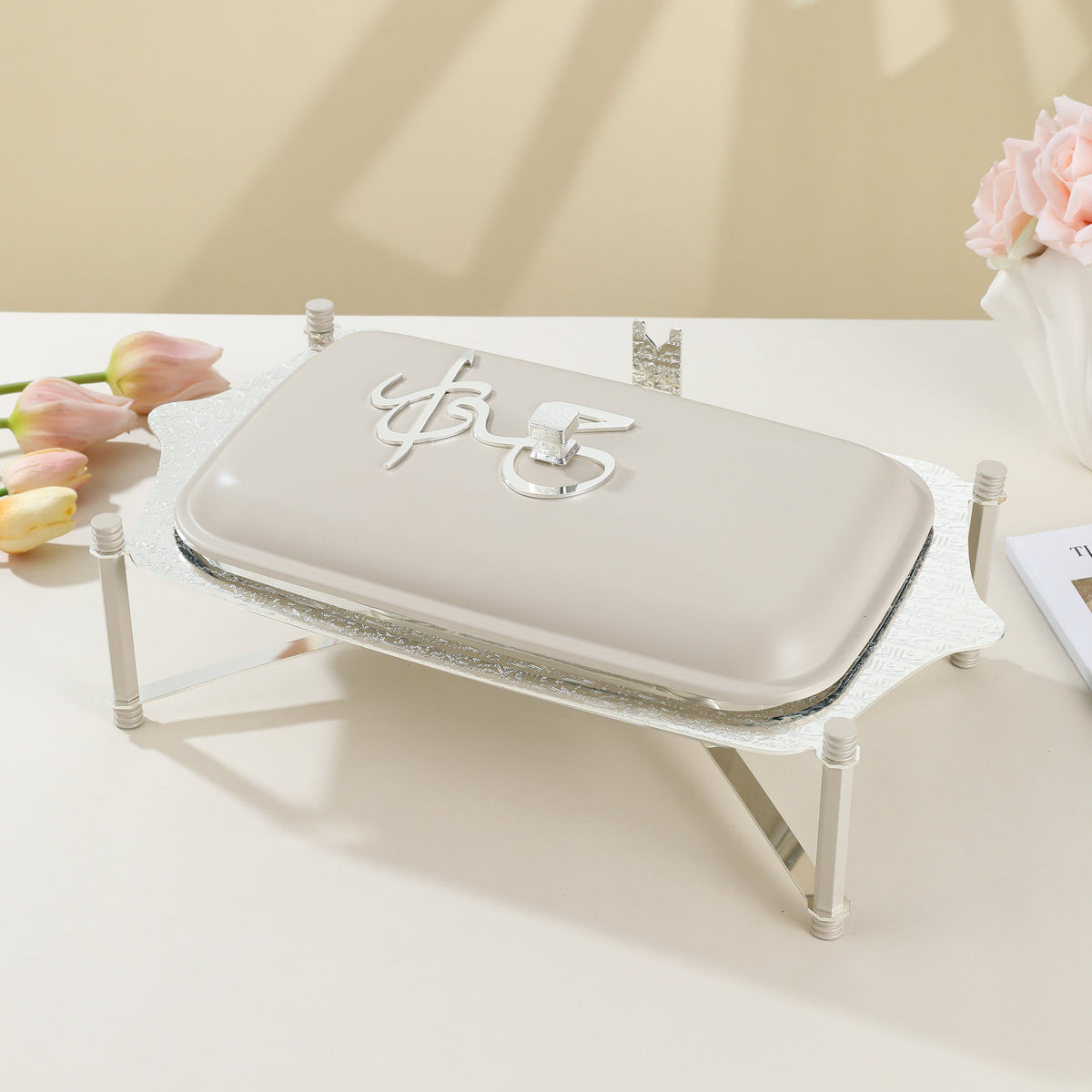 Jiwar - Medium Twin Candle Pyrex Chafer- Beige & Silver