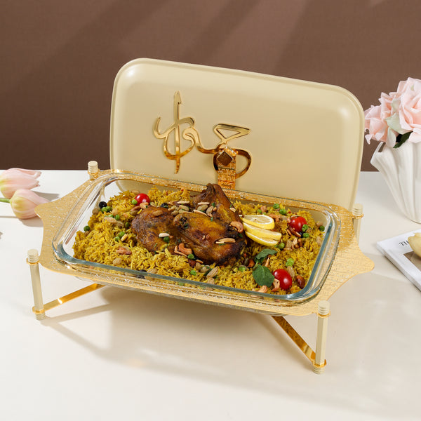 Jiwar - Large Twin Candle Pyrex Chafer - Ivory & Gold Jiwar - Large Twin Candle Pyrex Chafer - Ivory & Gold