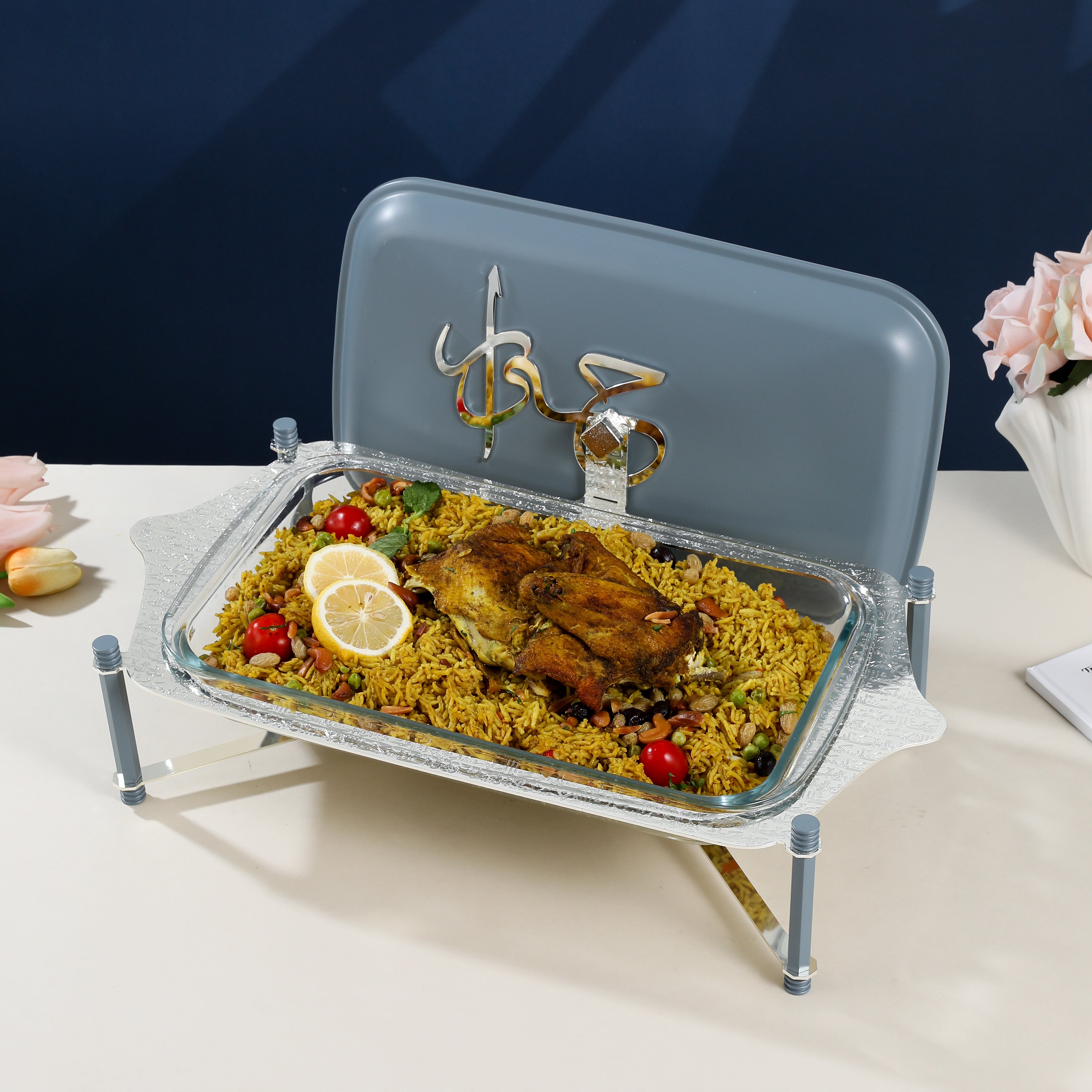 Jiwar - Large Twin Candle Pyrex Chafer - Haze Blue & Silver Jiwar - Large Twin Candle Pyrex Chafer - Haze Blue & Silver