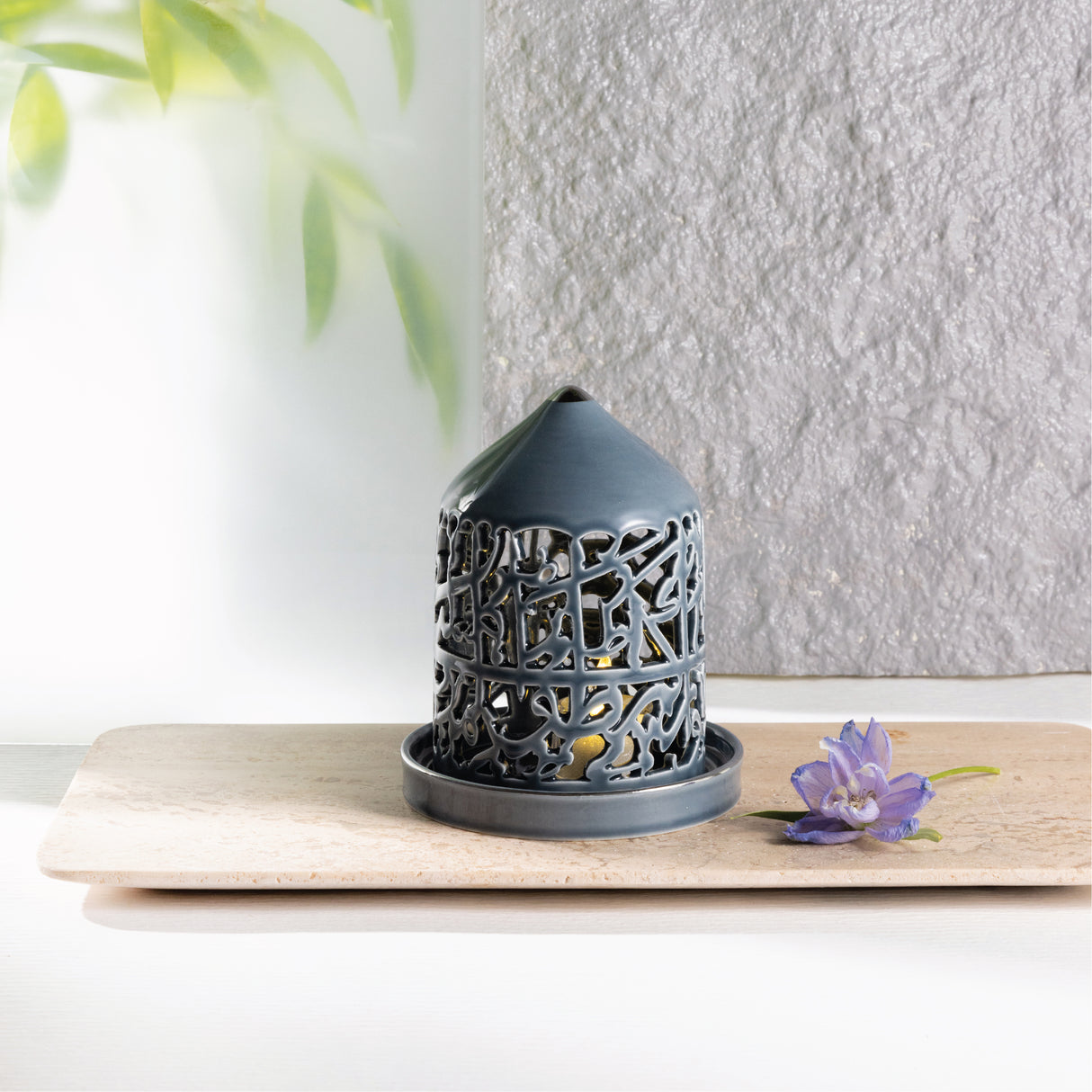 Jiwar -Small Lantern Candle Holder - Haze Blue & Silver