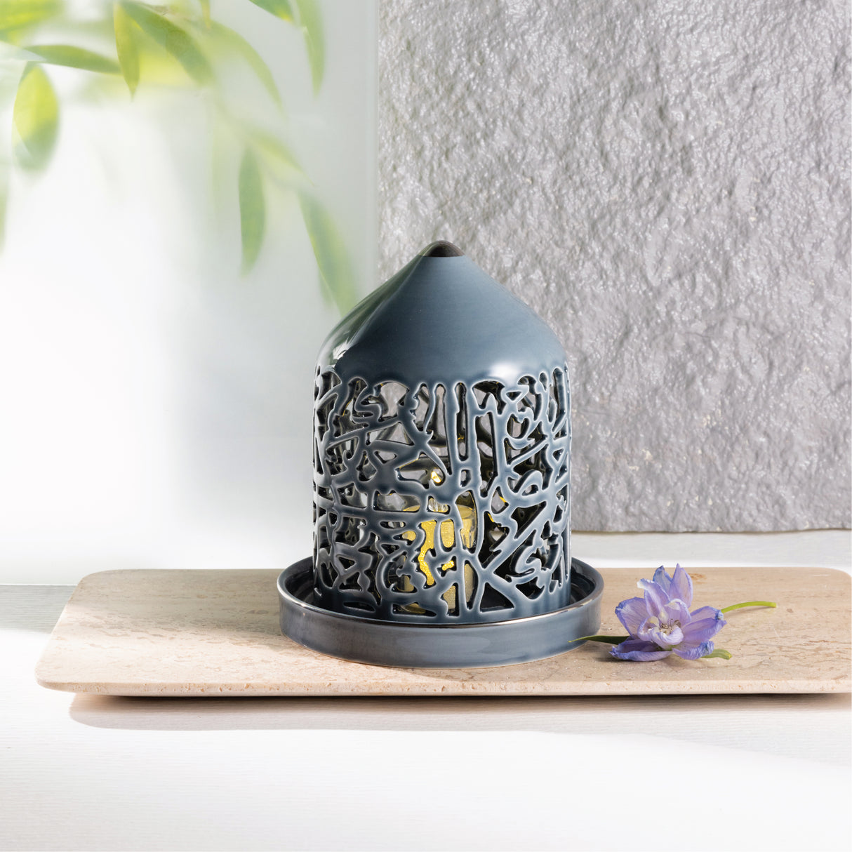 Jiwar - Medium Lantern Candle Holder - Haze Blue & Silver