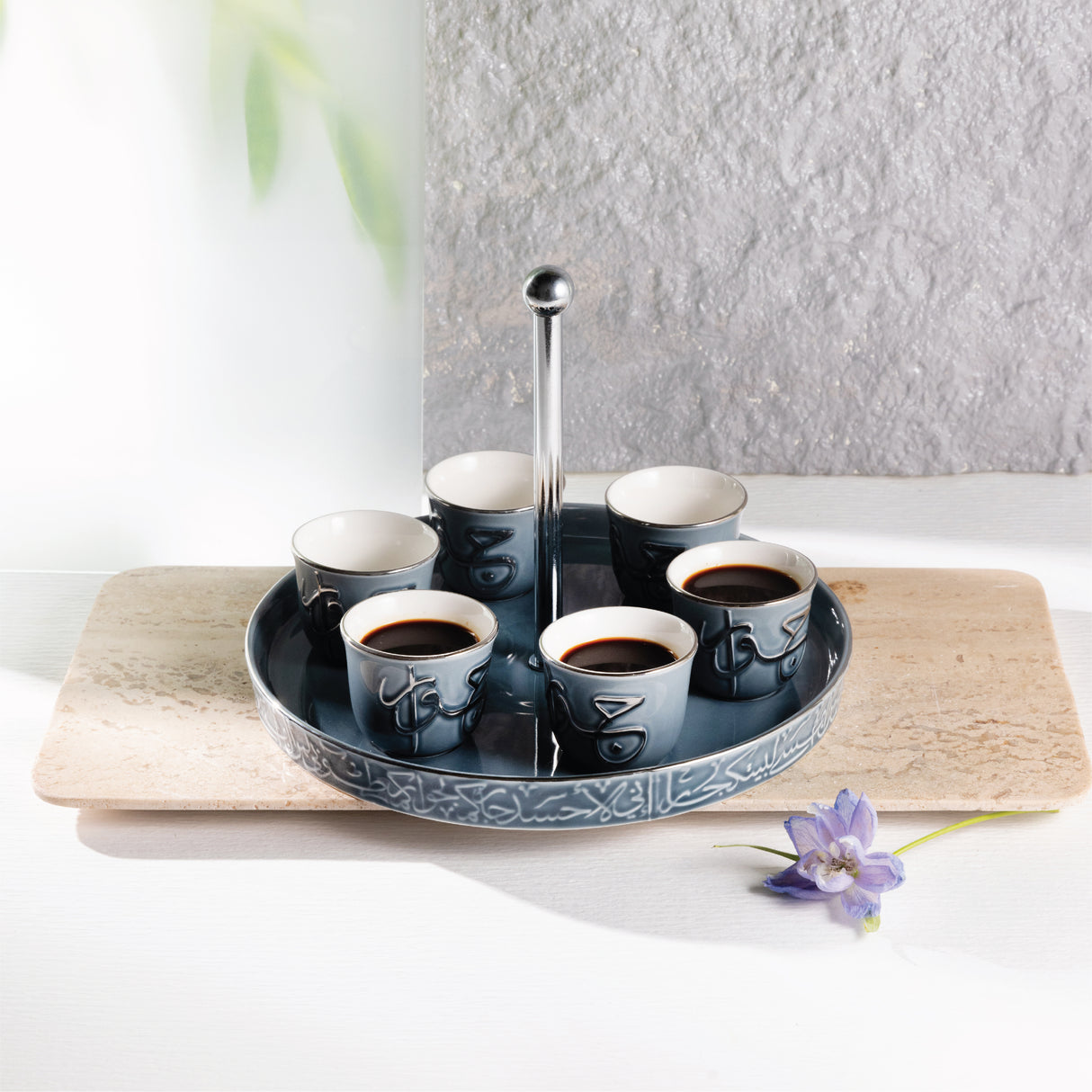Jiwar - Arabic Coffee Cups With Holder - Haze Blue & Silver