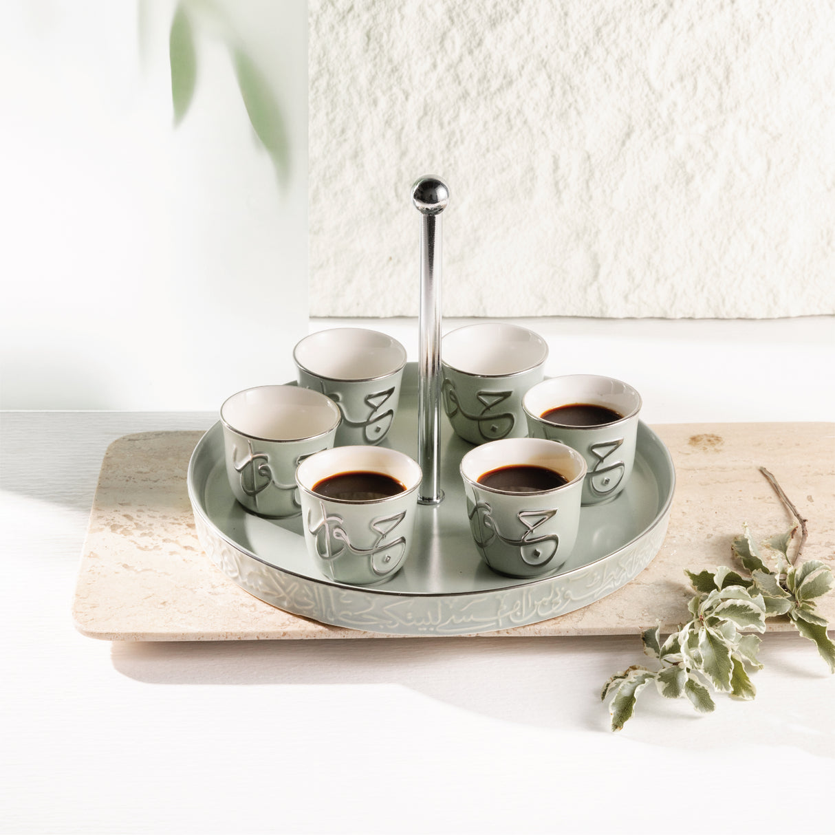 Jiwar - Arabic Coffee Cups With Holder - Mint Green & Silver