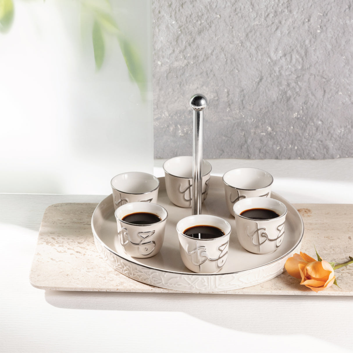 Jiwar - Arabic Coffee Cups With Holder - Beige & Silver