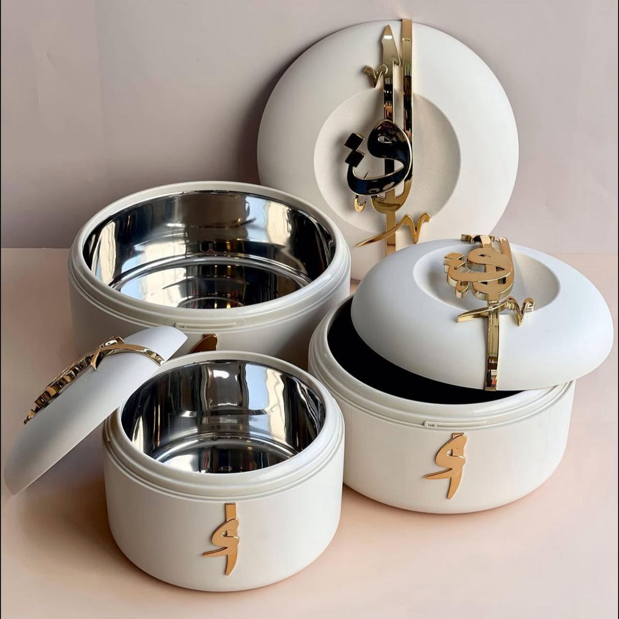 Liqa'a - Food Thermos/ Warm Serv (Set of 3) - Pearl White & Gold