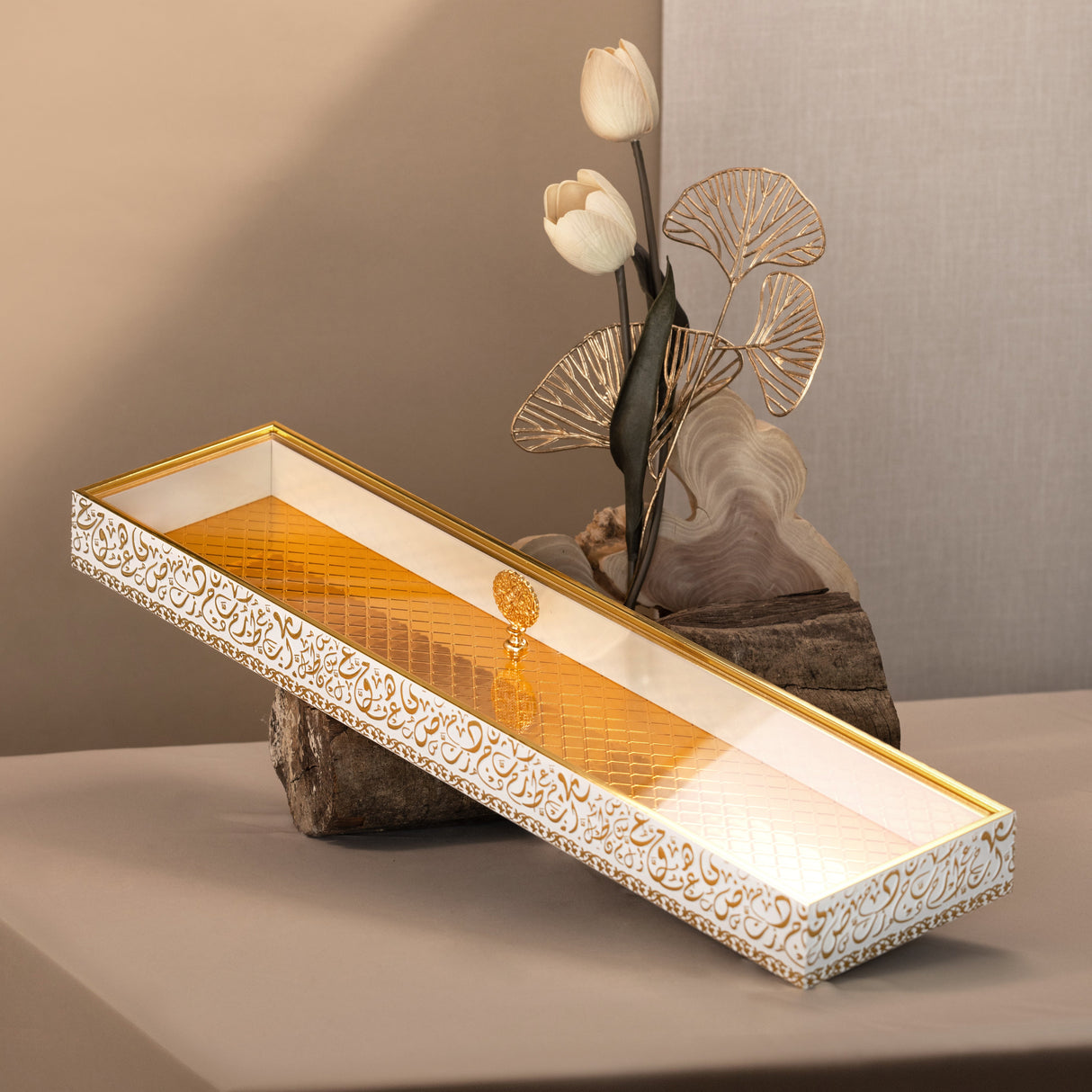 Noir Elegance 24" Slim Bamboo Tray  – White & Gold