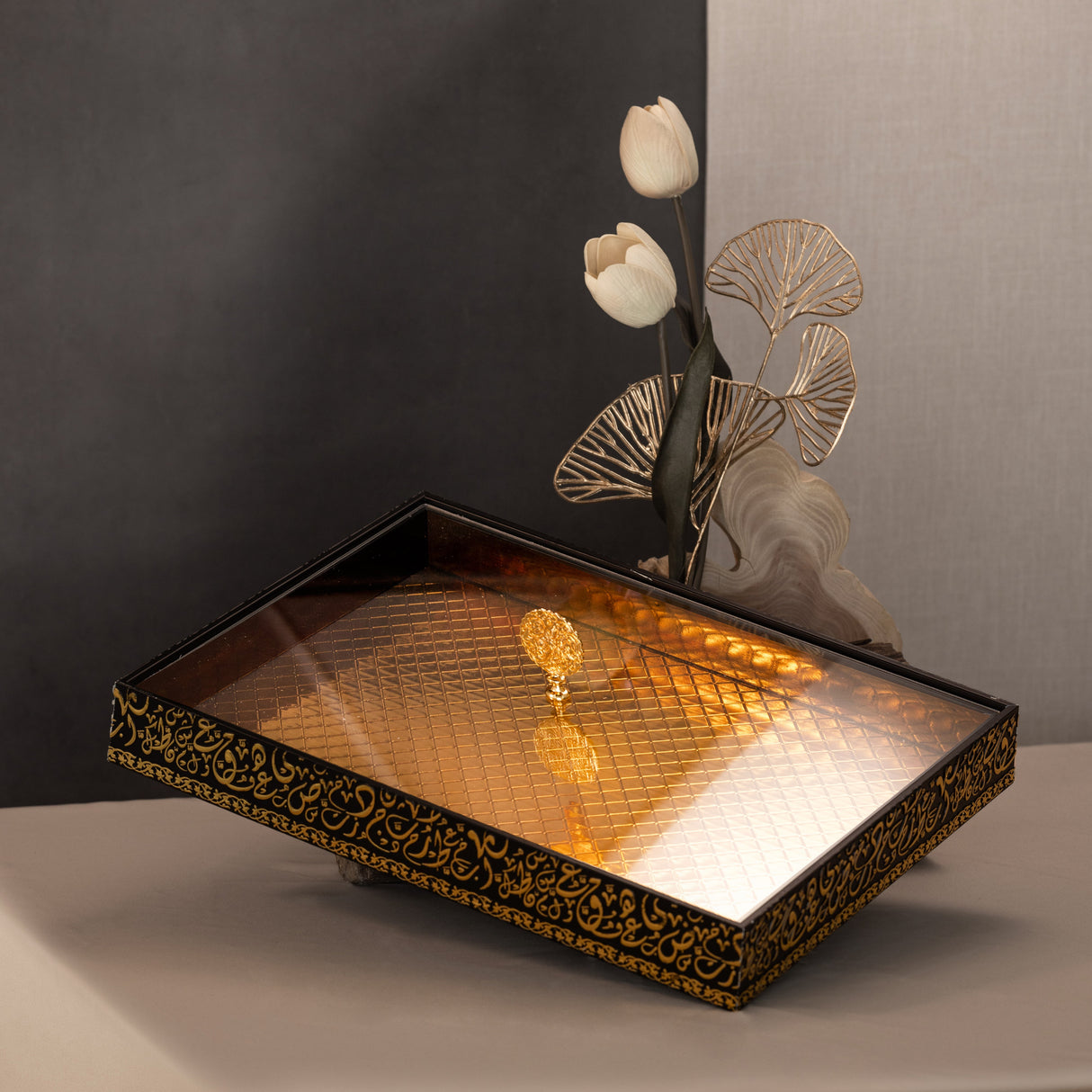 Noir Elegance 16" Grand Bamboo Tray – Black & Gold