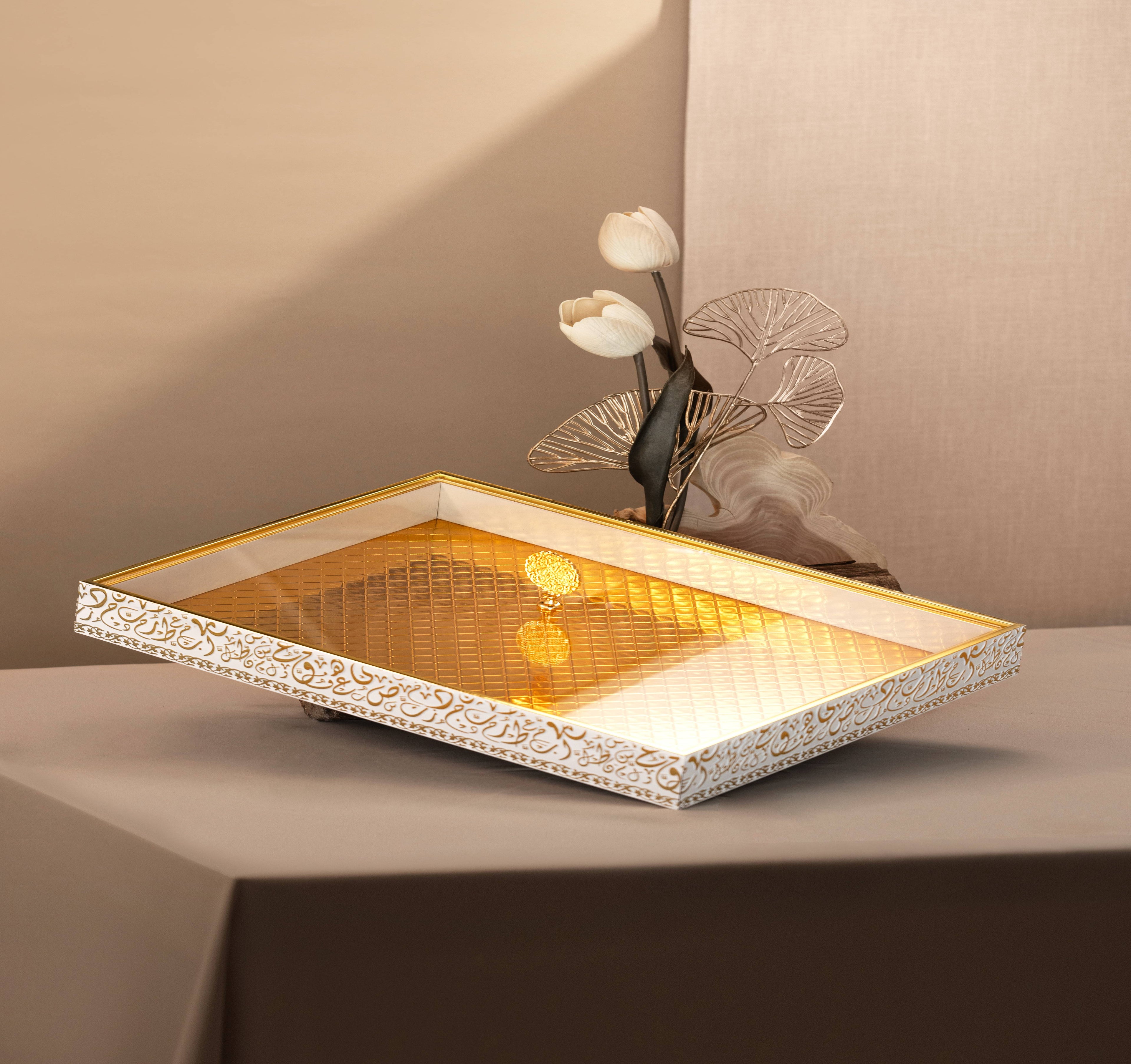 Royal Ember 16" Bamboo Tray – White & Gold