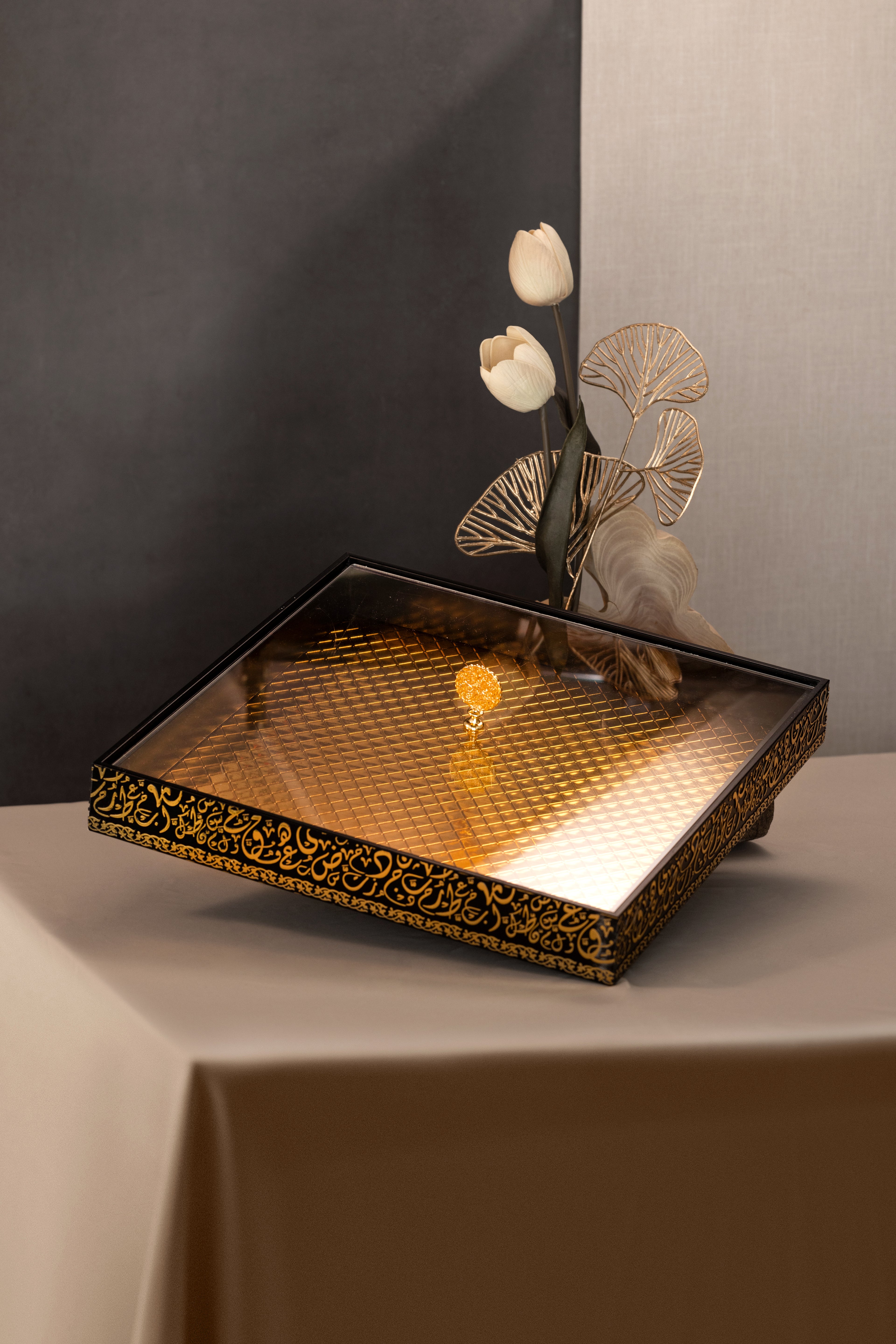 Royal Ember 15" Square Bamboo Tray – Taupe & Gold
