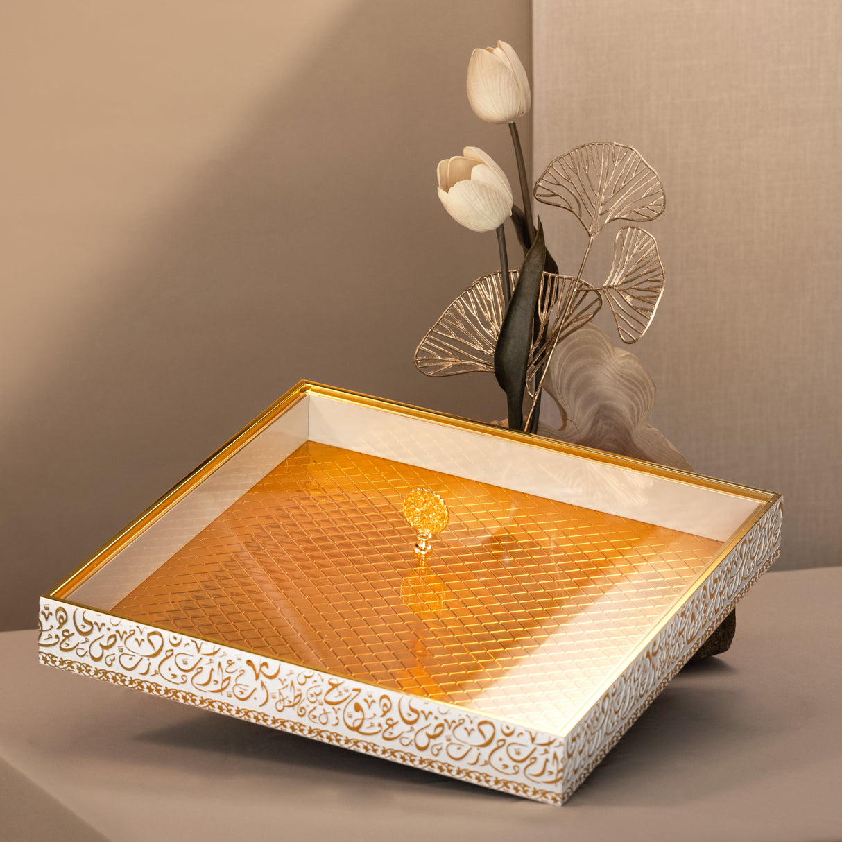 Royal Ember 15" Square Bamboo Tray – White & Gold