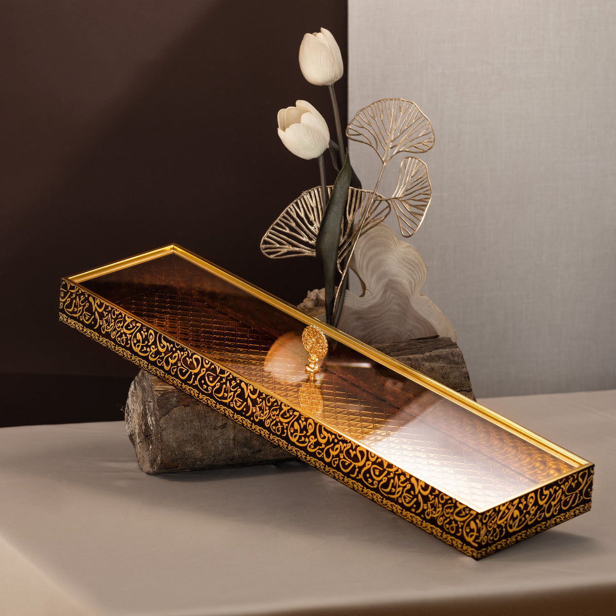 Noir Elegance 22" Slim Bamboo Tray– Taupe & Gold