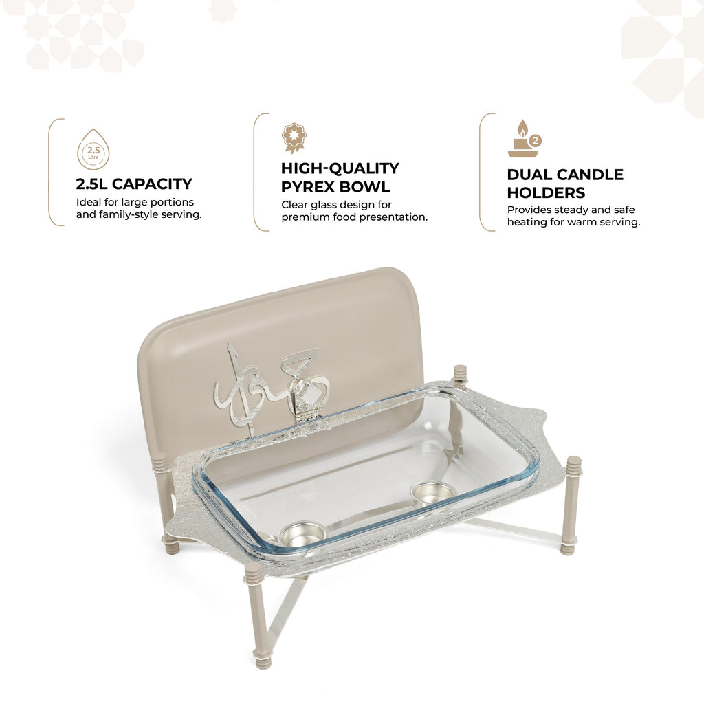 Jiwar - Medium Twin Candle Pyrex Chafer- Beige & Silver