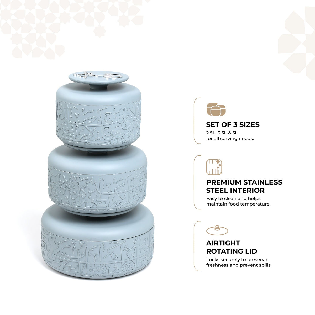 Jiwar - Food Thermos/Warm Serv (Set of 3)- Haze Blue & Silver