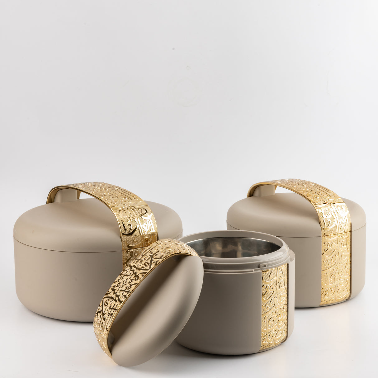 Noor - Food Thermos/ Warm Serv (Set of 3)- Beige & Gold