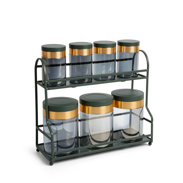 Luxury Majlis - 6 Jar Spice with 2 Tier Rack - Green & Gold