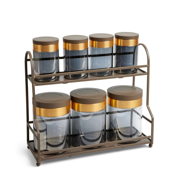 Luxury Majlis - 6 Jar Spice with 2 Tier Rack - Brown & Gold