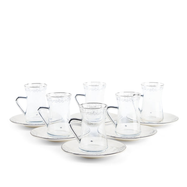 Elegant Joud- 6-Pc Tea glass & Saucers Set -White & Silver