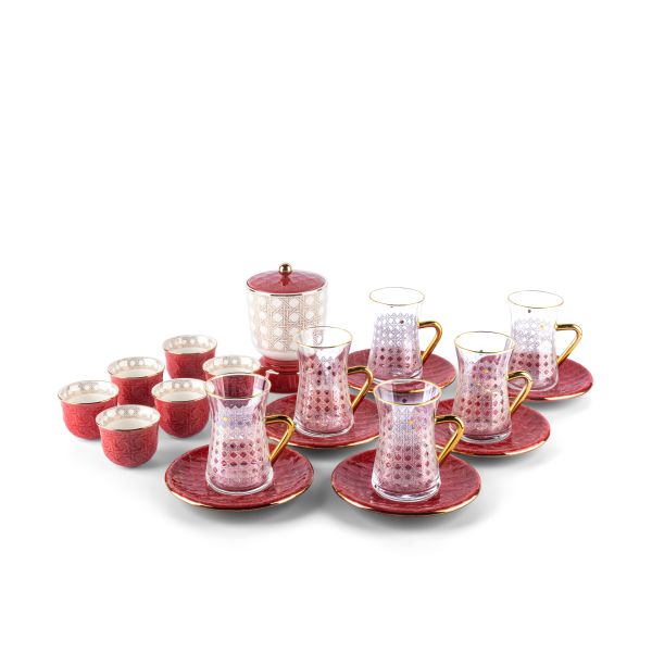 Rattan- Tea Set, Set Of 19- Red & Gold