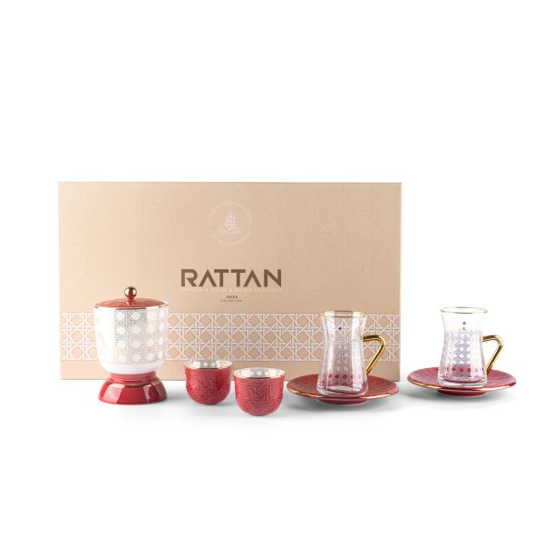 Juego de té de ratán, juego de 19, rojo y dorado