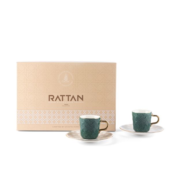 Ratán- Tazas de café turco, (12 piezas)- Verde y dorado