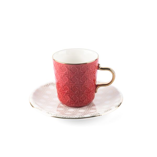 Rattan- American Coffee Cups, Set Of 12- Red & Gold