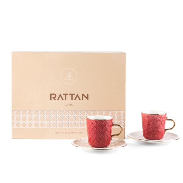 Ratán- Tazas de café americano, juego de 12- Rojo y dorado