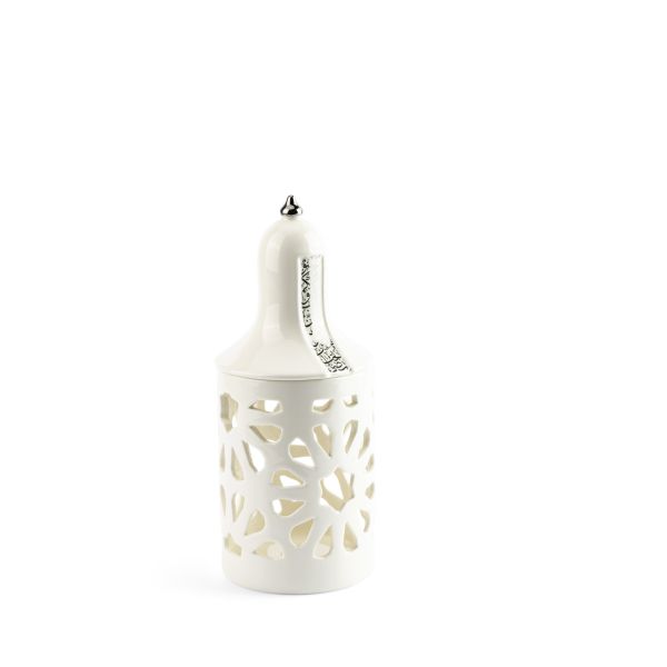 Luxury Noor - Portavelas tipo farol mediano - Blanco y plateado