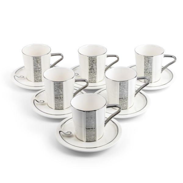 Luxury Noor - Juego de café capuchino (12 piezas) - Blanco y plateado