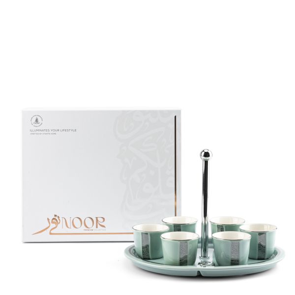 Luxury Noor - Arabic Coffee Cups With Holder - Blue & Silver