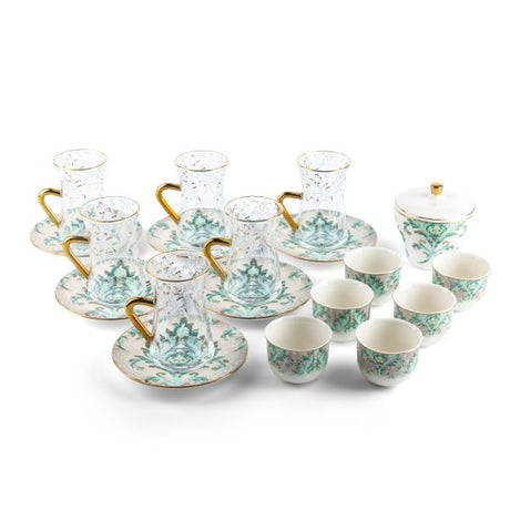 Classy Harir - Tea Set (19-Pc) - Green & Gold